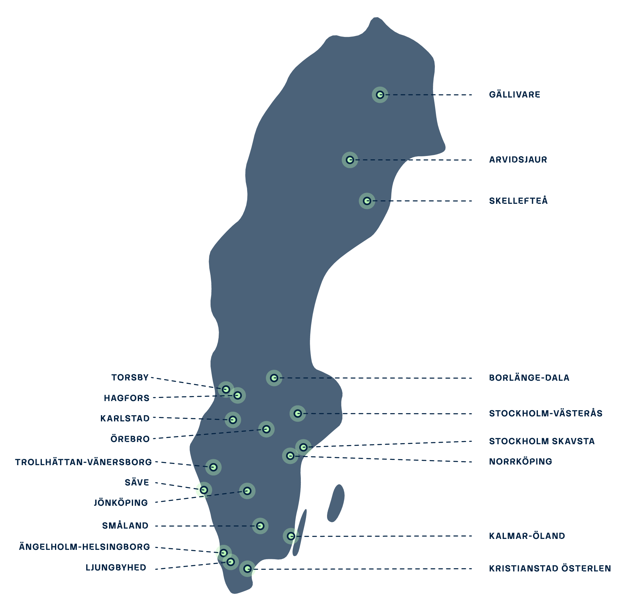 Sverigekarta med ACR:s regionala flygplatser, ortnamn och markeringar